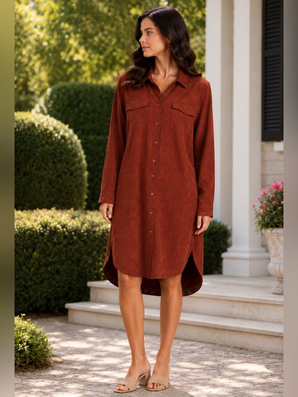 UMGEE The Willowridge Amber Rust Suede Button-Down Cardigan Dress Sz S